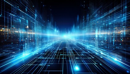 a mesmerizing display of glowing blue data streams flowing through an abstract digital grid symbolizing complexity connectivity and the essence of modern technology