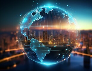 futuristic glowing orb with continents and cities illuminated against a blurred urban background at dusk