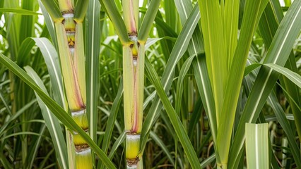 Fototapeta premium Close-up view of vibrant green sugar cane stalks growing in a lush field. Sugar cane