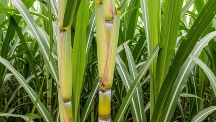 Obraz premium Close-up view of vibrant green sugar cane stalks and long leaves in a field. Sugar cane