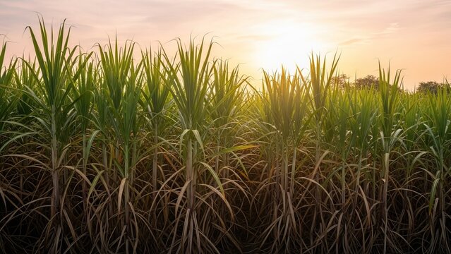 Golden sunset illuminates a vast field of tall green sugarcane stalks ready for harvest. Sugar cane