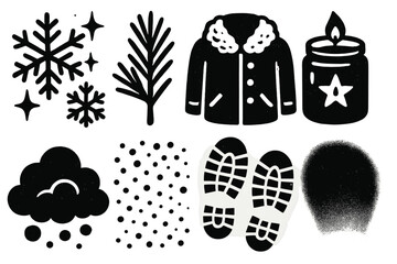 Fototapeta premium Winter Icon Collection. Winter Snow Magic silhouette set: shimmering snowflakes, pine sprout, warm coat detail, candle jar, cloud puff, snow dust, boot prints, soft spotlight