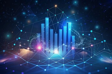 Vibrant digital bar chart with glowing connections and futuristic network