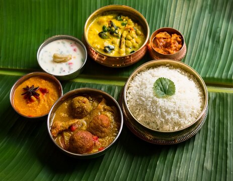 an array of vibrant dishes sits on a banana leaf showcasing a traditional onam sadhya meal filled with rice curries and side items highlighting the festival s culinary richness