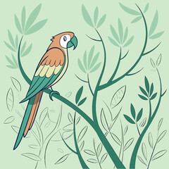Colorful parrot perched on branch with leaves bird