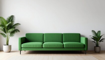 Cloud dancer on a lush green sofa in a minimalist living room bright indoor environment captivating view