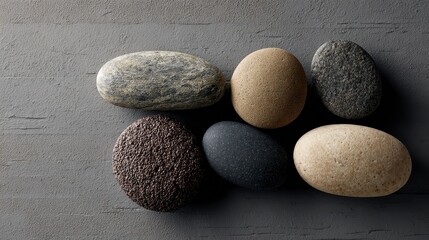 Close-up of six smooth stones on a textured gray background, arranged in a visually pleasing configuration