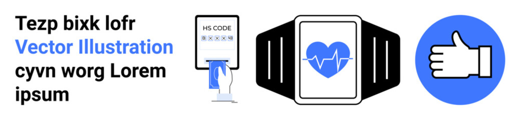 Technology, digital health, fitness tracking, app development, user interaction, remote services. QR code scanner, heart monitoring smartwatch thumbs-up icon. Technology and digital health