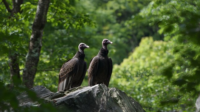 Two Black Vultures Perched on a Rocky Outcrop Amidst Lush Green Foliage.