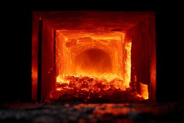 Intense glowing molten metal inside a hot industrial furnace glowing bright orange and yellow, concept for metallurgy science, heavy manufacturing process and energy production