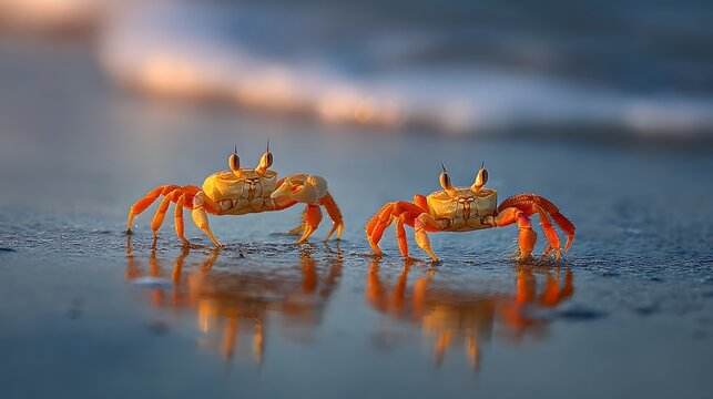 Two Ghost Crabs Walking on a Wet Sandy Beach at Sunset.