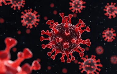 Red virus particles floating on a dark background, representing global infection and scientific research efforts