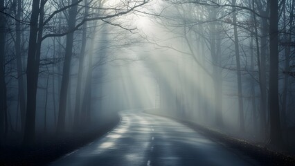 Misty forest road with sunbeams shining through trees on a foggy day