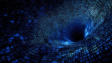 Digital information streams rapidly through a dark, swirling tunnel composed of binary code