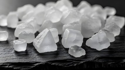 A collection of rough white crystals on a dark surface, possibly salt or sugar