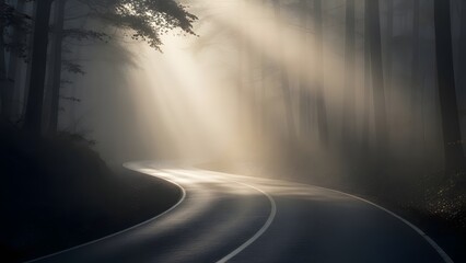 A serene and mysterious forest road with sunbeams shining through the trees on a foggy day