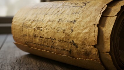 Closeup of a rolledup old parchment or papyrus on a wooden surface with visible stitching and texture