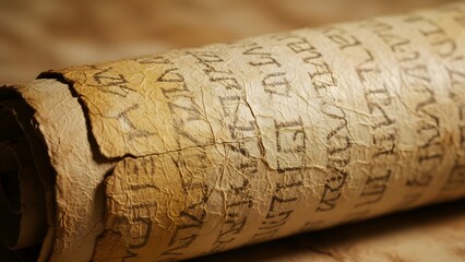 Ancient scroll with mysterious writing on parchment paper background