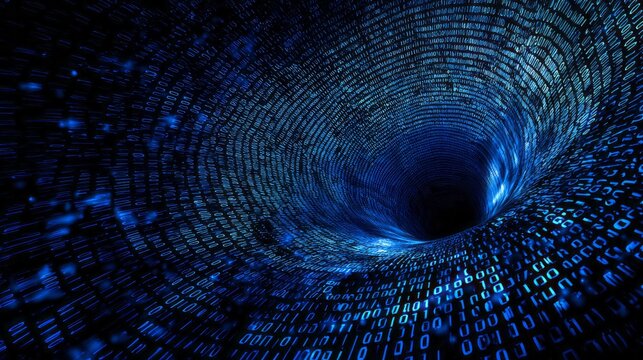 Digital information streams rapidly through a dark, swirling tunnel composed of binary code - Powered by Adobe