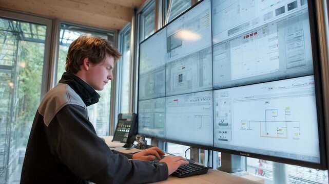 Engineer monitoring passive solar panels through a control interface optimizing natural light to maintain comfortable indoor climate efficiently.