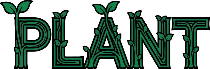 green plant lettering on white background.