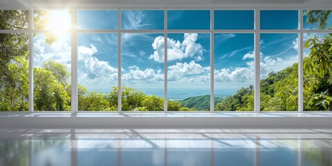 Empty modern room interior with large window showcasing sunlit tropical landscape and ocean view, concept for real estate investment, office design, and corporate retreat