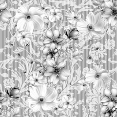 White rose pattern with a printed background on fabric black and white