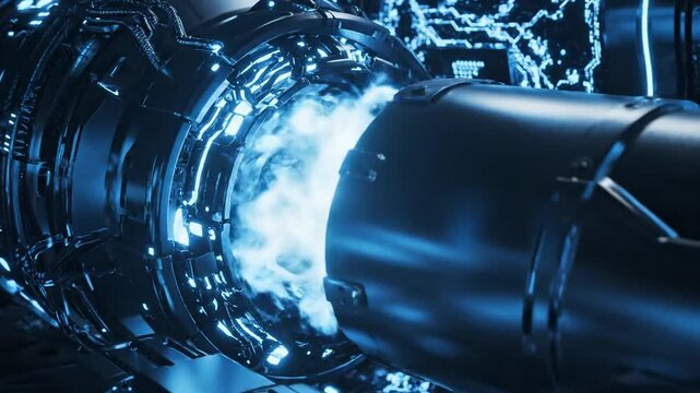 High-tech engine thruster emitting powerful blue glowing energy, symbolizing advanced propulsion and future technology.