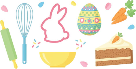 Easter holiday baking set featuring whisk bunny shaped cookie cutter decorated egg and carrot cake spring cooking vector icons