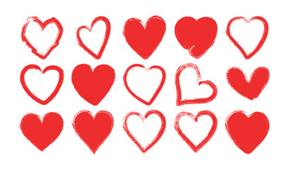 Grouping of fifteen red heart shapes with grunge texture, featuring solid and outline styles on white