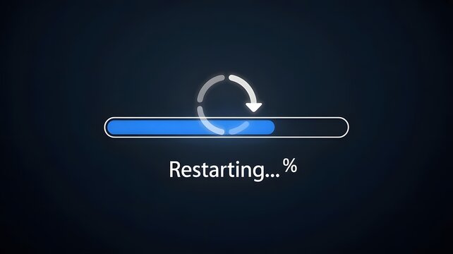 Restarting screen with loading progress bar on black background, computer reboot process, digital system restart, technology update, and software installation concept