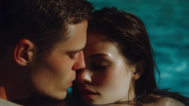 Romantic couple in a pool, embracing and sharing a tender moment