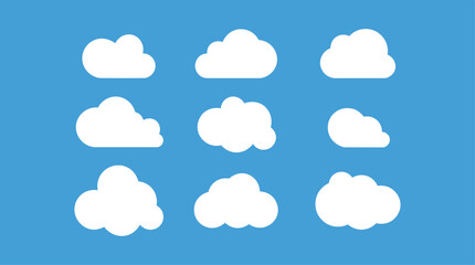 A diverse collection of flat style white cloud icons. Vector graphic elements set isolated on a blue sky background for weather or design concepts.