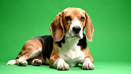 Cute beagle dog lying on green background looking directly at camera