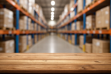 wooden top table with blurry background warehouse