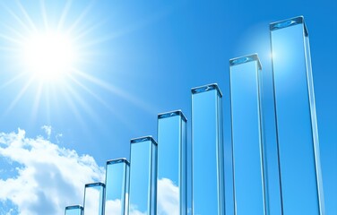 Glass bar chart demonstrating upward trend representing business growth, financial progress, and future success under a bright sunny sky