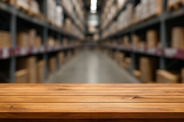 wooden top table with blurry background warehouse