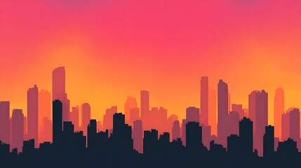 Vibrant Sunset Over a Stylized City Skyline Silhouette.