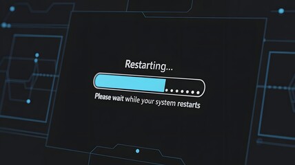 Restarting screen with loading progress bar on black background, computer reboot process, digital system restart, technology update, and software installation concept