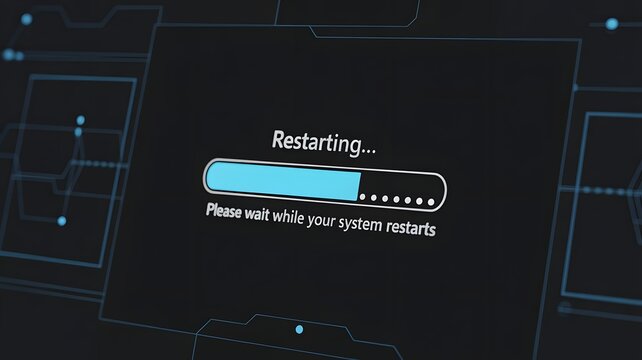 Restarting screen with loading progress bar on black background, computer reboot process, digital system restart, technology update, and software installation concept