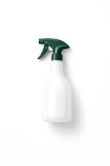 White plastic spray bottle with green trigger isolated on white background cleaning mockup