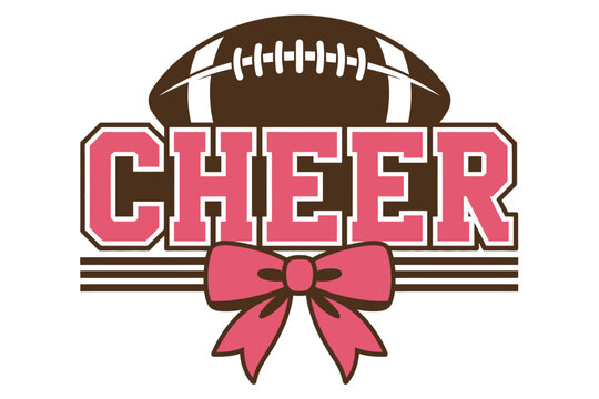 Cheer text with football and pink bow, bold pink &ldquo;CHEER&rdquo; text in varsity style, football above, large bow below, representing cheerleading, school spirit, team pride