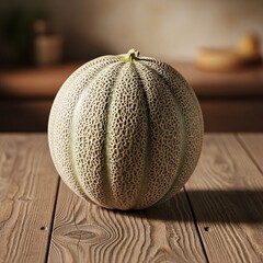 Close up of a ripe cantaloupe melon on a wooden surface with textured peel
