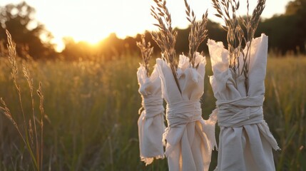 Discarded fabric scraps tied to wheat stalks in a golden sunset field with soft diffused light