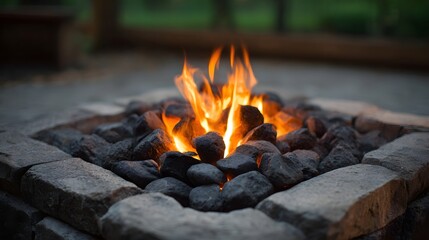 A rustic outdoor stone fire pit glows with vibrant orange and yellow flames creating a warm and inviting ambiance