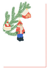 Christmas tree branch with hanging ornaments including a little house and a child figurine in winter clothes. Concept of holiday decoration, winter celebration and cozy seasonal mood