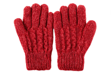 pair of red knitted woolen gloves for winter fashion isolated on white or transparent png