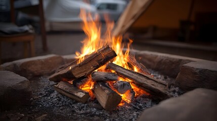 A vibrant campfire burns brightly in a stone fire pit at dusk
