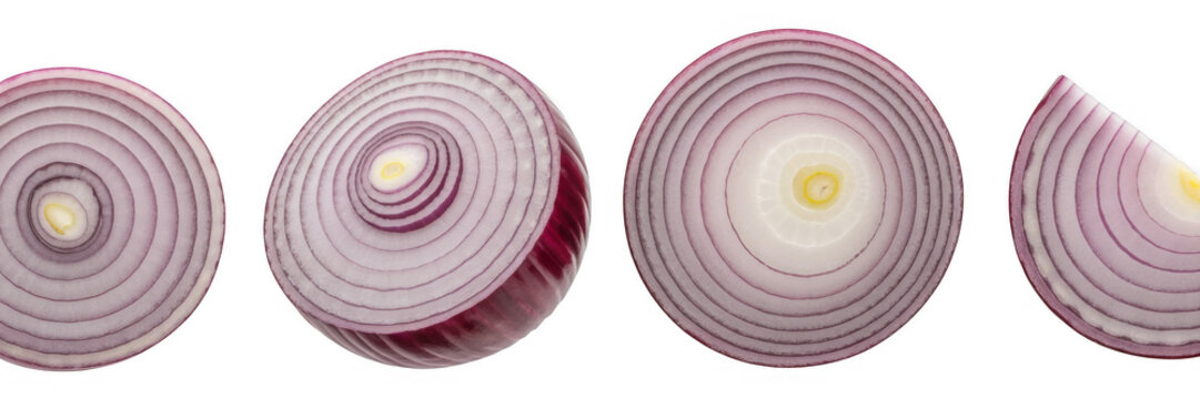 Sliced red onions in a row onion slices purple onion isolated on a transparent background