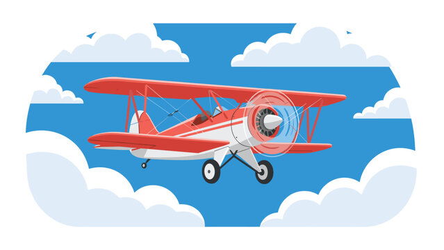 Vintage biplane soars through a bright blue sky surrounded by fluffy white clouds, evoking a sense of adventure and classic aviation.